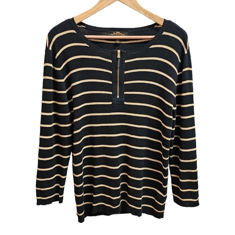 Lauren Ralph Lauren Cotton Black & Tan Striped 1/4 Zip Sweater Size XL Classic